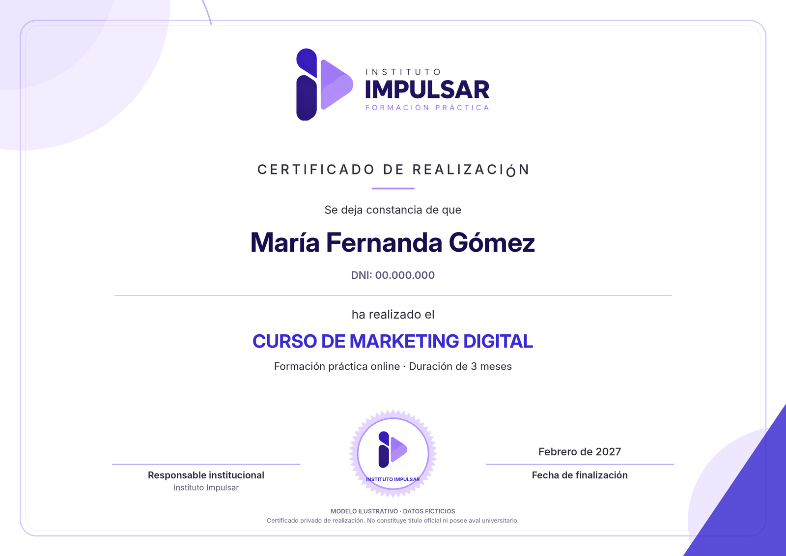 Ejemplo de certificado de realización de Instituto Impulsar, con nombre y DNI ficticios